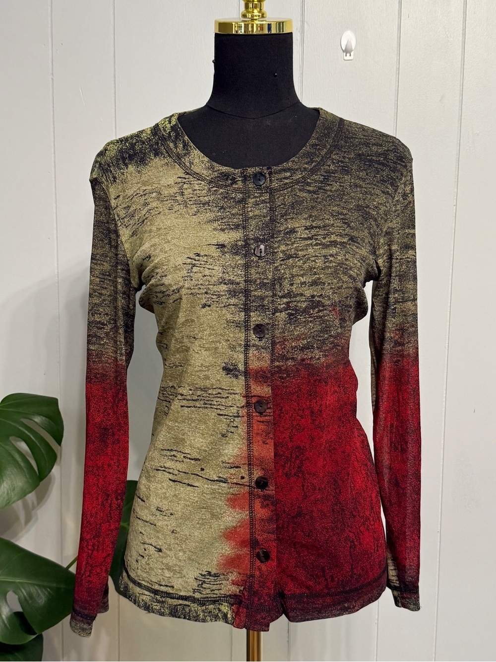 #1) Chico's Ombre Button-Front Long Sleeve Sheer Top - Red & Olive